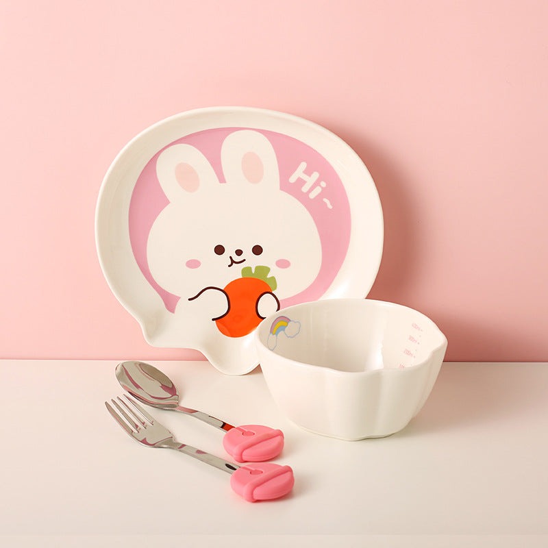 Children's Dinnerware Set with Cartoon Rabbit Design - Plates, Bowls, Cups & Utensils, Multiple Pieces