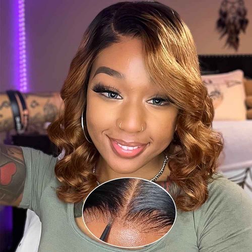 1B/30 Lace Front Wigs Human Hair Highlight Ombre 5x5 Pre Cut Lace Frontal Wig Human Hair Dark Root to Brown 5x5 HD Lace Closure Wigs Glueless Bouncy Body Wave Lace Frontal Wigs 180 Density 16 Inch