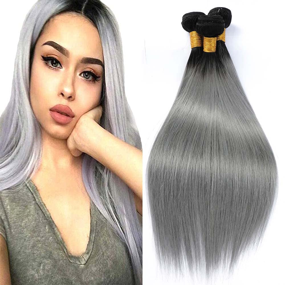 Grey Bundles Human Hair Ombre Bndles 1B Grey Straight Human Hair Bundles 24 26 28 inch Black to Grey Human Hair Weave Brazilian Unprocessed Virgin Hair Bundles Weave