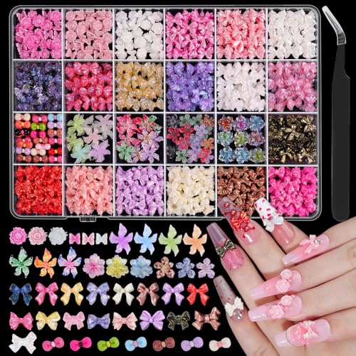 600 Pcs Bow Nail Charms Kit, 3D Mix Color Bowknot Nail Art Charms Soft Hibiscus Flower Nail Charms Flatback Pink White Butterfly Accessories for Nails Design with Tweezers for Women DIY Crafts