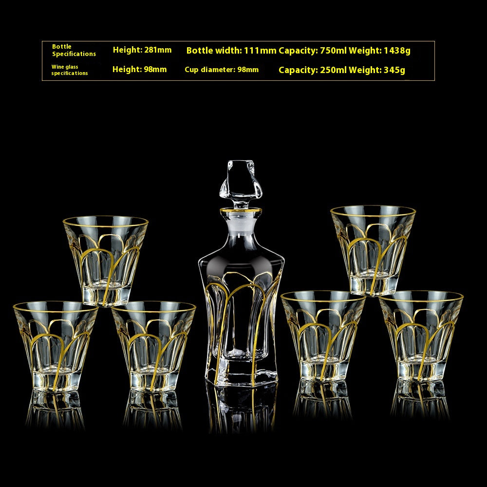 Crystal Glass Whiskey and Wine Set - Creative Gold Finish, 7-Piece Home Barware