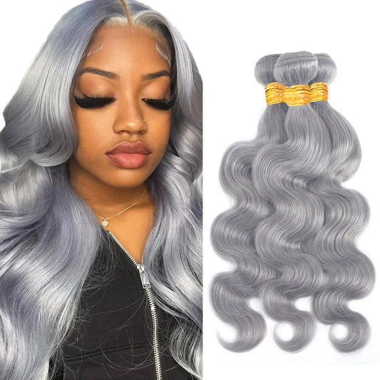 Giginger Sliver Grey Human Hair Bundles 16 18 20 inch Body Wave Human Hair Bundles Highlight Sliver Grey 100% Unprocessed Raw Quick Weave Hair for Black Women