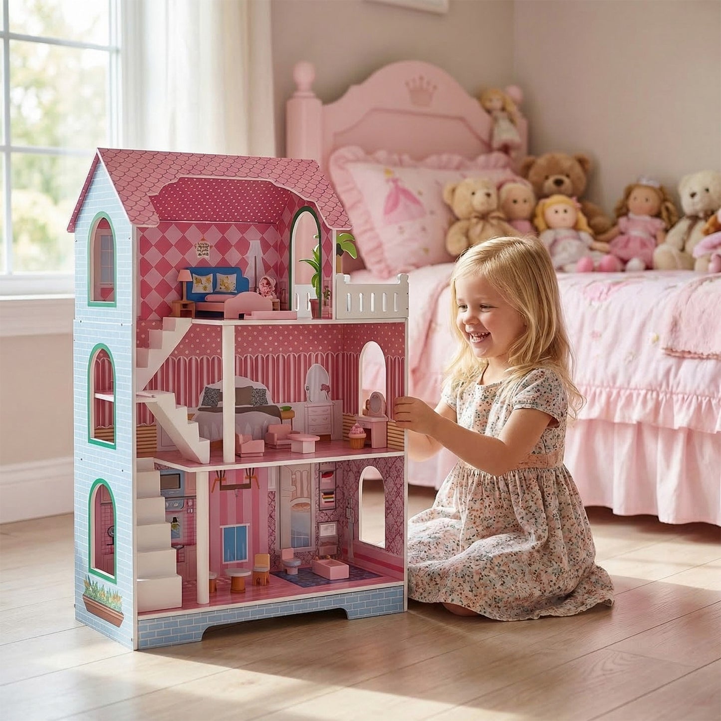 3 Tier Kids Dollhouse With Roof Window And Furniture Wooden Mini Doll