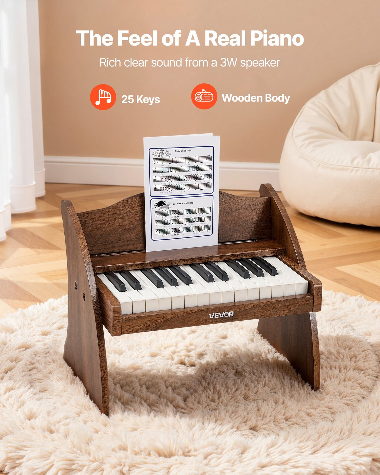 Kids Wooden Piano Keyboard - 25 Keys Digital Musical Instrument for Toddlers