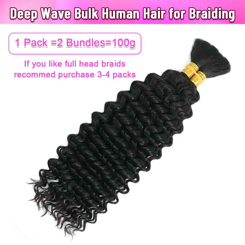 Human Braiding Hair for Boho Braids 22 Inch Curly Deep Wave Bulk Human Hair for Braiding 100% Human Hair for Braiding Hair Wet and Wavy Boho Knotless Braids Hair No Weft 2 Bundles/Pack