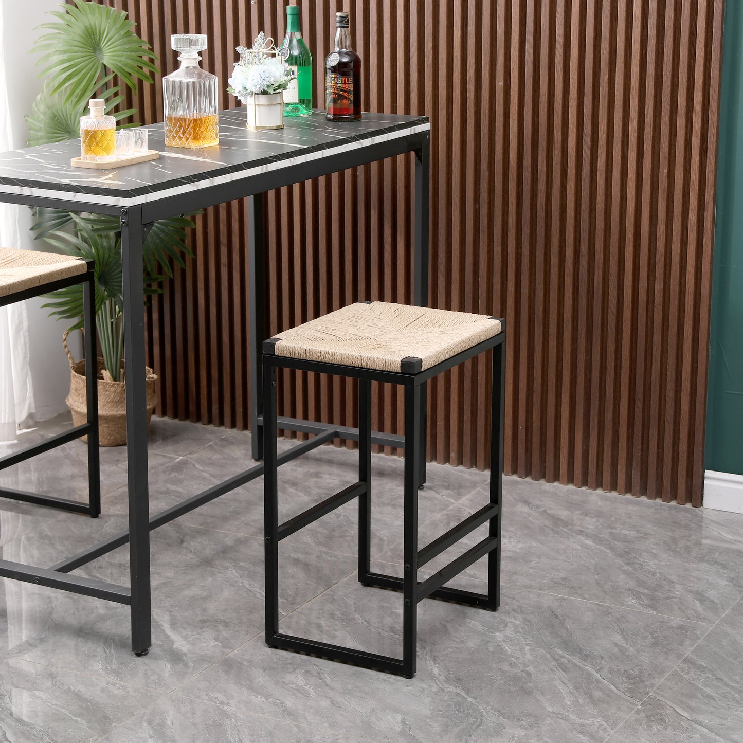 Set of 2 Backless Bar Stools - Natural Paper Rope Woven Chairs