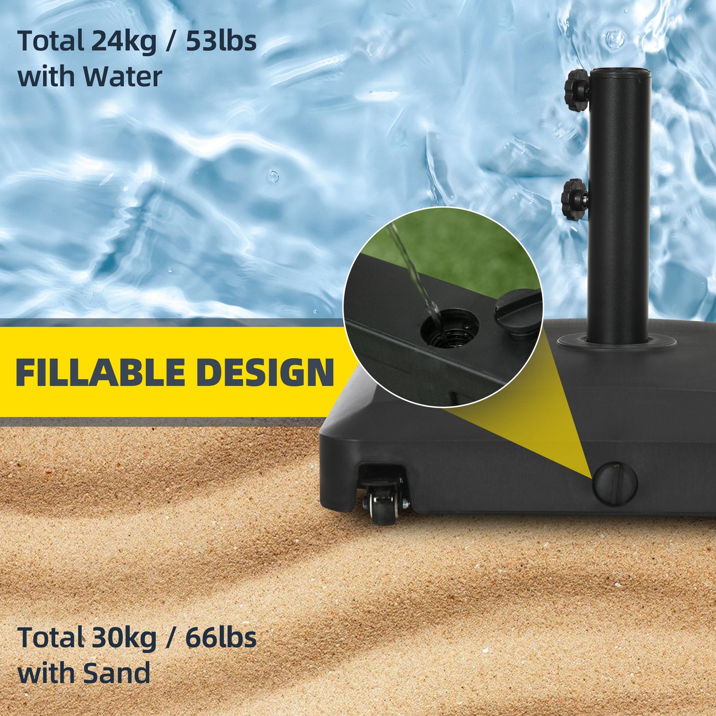 Heavy Duty Patio Umbrella Base with Wheels - 66 lbs Sand Filled, Black