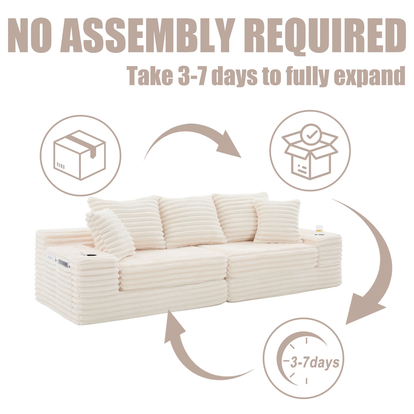 Oversized Corduroy Sofa Bed with Cup Holder & Pillows - Beige