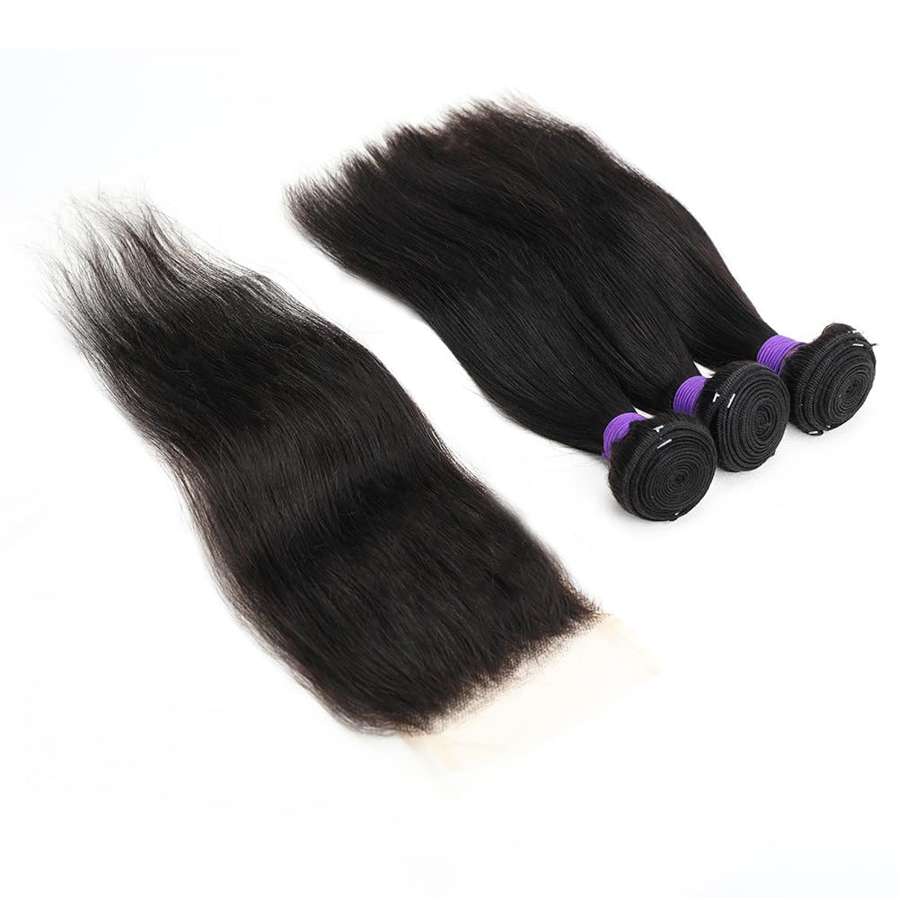 Human Hair 3 Bundles with Closure Straight 100% Unprocessed Virgin Brazilian Hair Bundles with 4x4 Lace Closure Free Part, Double Weft 10A Hair Weave Extensions (16" 16" 16" + 12" Closure)