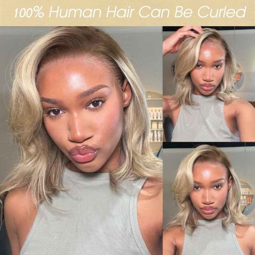 Orijodie 180% Density Ombre Ash Blonde Bob Wig Human Hair 13x4 HD Invisible Front Wigs for Women Grey Ash Blonde Glueless Straight Bob Wig with Dark Roots Bleached Knots 14 Inch