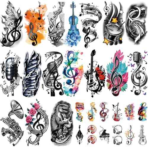 77 Sheets Music Temporary Tattoos Adult Kids Fake Tattoos Birthday Festival Party Favors Half Arm Sleeves Guitar Violin Piano Music Notes Stickers for Men Women