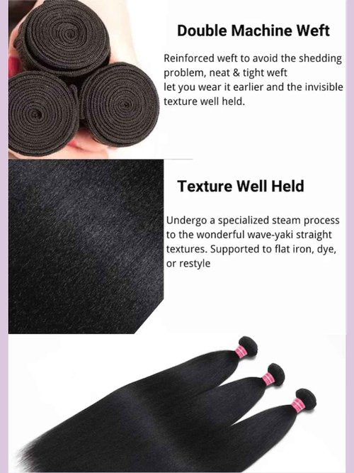 YIROO Yaki Straight Human Hair Weave 3 Bundles 12A Kinky Straight Double Wefts for Women Unprocessed Real Virgin Hair Sew In Human Hair Extensions Cllip In Light Yaki Natural Black Color 10 12 14Inch