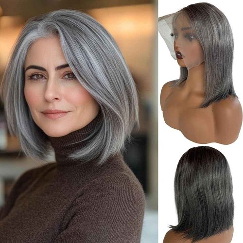 Belaved Bob Lace Front Wigs Human Hair Grey Salt & Pepper 12 Inch Ombre Silky Straight Balck Mix Grey Short Bob 13x4 HD Lace Frontal 180% Density Pre Plucked Bleached Knots Glueless