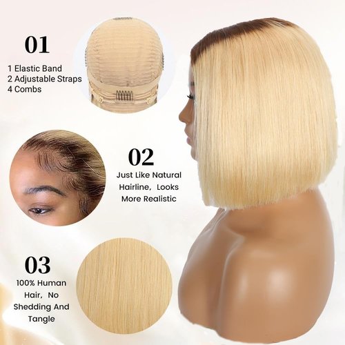 Selina Hair 2x6 HD Bob Lace Front Wigs Human Hair Ombre Blonde Bob Wig Human Hair P4/613 Color Straight Pre Plucked with Baby Hair Unprocessed Virgin Hair for Women 10 Inch