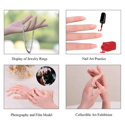 QIAOYIQIAO Silicone Realistic Female Hand Acrylic Nails Pratice Training For Nail Art Showing Jewelry Life Size Female Model Flexible Bendable (Pair Hand-Without Skeleton, Nude)