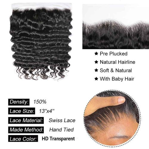 Deep Wave Bundles with Frontal 13x4 Lace Frontal With Bundles 100% Unprocessed Brazilian Hair Extensions Natural Color (Deep Wave 3+1, 18 20 22+16)