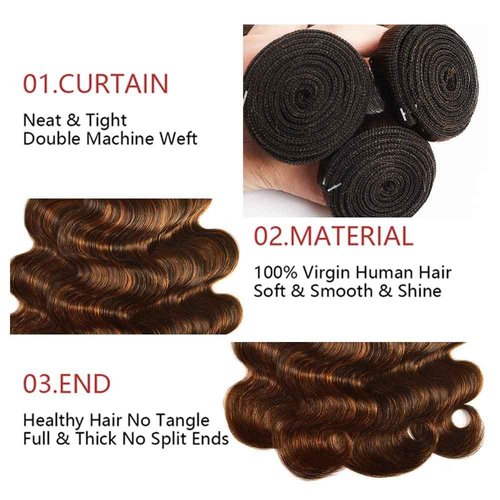 Hydtxc Body Wave Human Hair Bundles 12 14 16 Inch P4/30 Bundles Human Hair Chocolate Dark Brown Raw Unprocessed Brazilian Virgin Quick Weave Double Drawn for Black Women