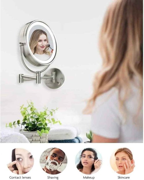 OVENTE Wall Mounted Lighted Makeup Vanity Mirror, 9" Hard Wired Double Sided 1X/7X Magnifying Bathroom Mirror, Dimmable LED Lights, 360° Rotation and 14" Extendable Arm, Nickel Brushed MPWD3185BR1X7X