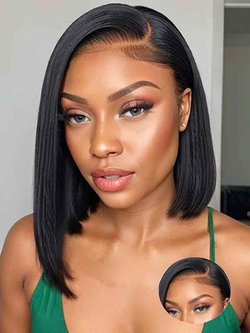 ORIGINAL QUEEN OQ Hair Glueless Wigs Human Hair Bob Straight Side Part 5X7 Pre Plucked Pre Cut Pre Bleached Wear and Go Wigs Human Hair Short Straight Bob Wigs for Women 12Inch
