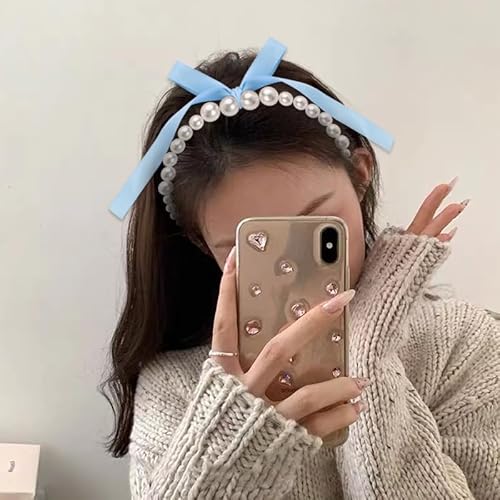 Blue Bow Pearl Headbands for Women Pearls Hair Hoop Bands for Thick Thin Hair Bow Headband Hairband for Teen Girl Elegant Hair Accessories Decoration for Women Non Slip Pearl Head Band with Bow Ribbon