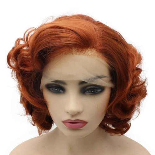 Peakia Short Wavy Burgundy Red Half Hand Tied Lace Frontal Wigs Synthetic