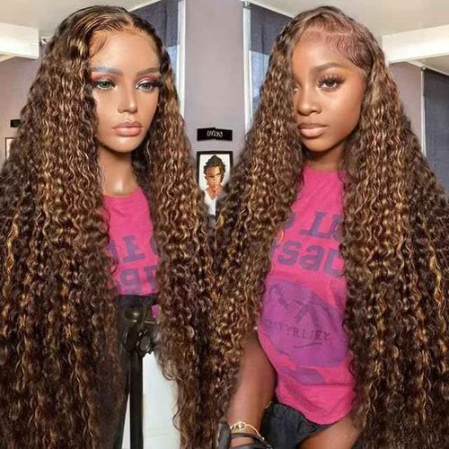 Harmsh Honey Blonde Highlight Ombre Lace Front Wig Human Hair 210 Density 13x6 HD Lace Front Wigs Human Hair Deep Wave Curly Lace Frontal Wigs Pre Plucked with Baby Hair 24Inch