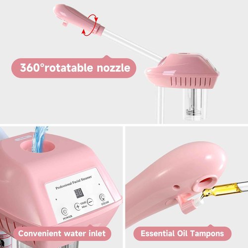 Professional Facial Steamer, Face Steam on Wheels, Estheticians Steamer with More Steam for Moisturizing and Hydration, Adjustable Height and Angle for Spa Beauty, Home Use, Pink