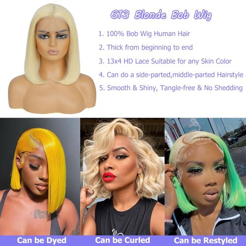 613 Blonde Bob Wig Human Hair 13x4 Lace Front Wigs Human Hair 180% Density Bob Wig Human Hair Blonde Pre Plucked With Baby Hair HD Frontal Lace Wigs for Women 16 inch