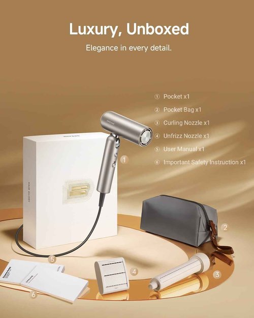 Dreame Pocket Hair Dryer - Ultra Lightweight Blow Dryer with 2 Styling Attachments, Fast Drying, High-Speed Brushless Motor, 300M Negative Ions, Low Noise, Portable for Home & Domestic Travel & Gym