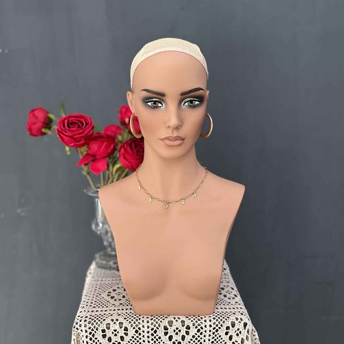 JINGFA Realistic Female Mannequin Head with Shoulders for Wigs Earrings Hats Display,Glam Half Body Mannequin Head Wig Head Stand JF-DP487-YH2