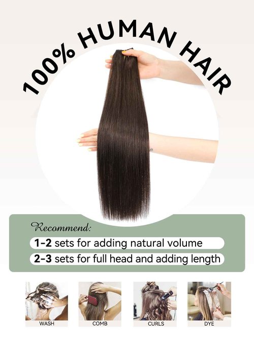 BELLECHO Clip in Hair Extensions Real Human Hair, Silky Straight Real Remy Human Hair Extensions Clip ins, Dark Brown Clip in Extensions for Women, 12inch 85g 7Pcs, 2# Dark Brown