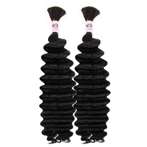 WOWANGEL Human Braiding Hair For Boho Braids 100g,100% Unprocessed Brazilian Virgin Hair, 12A Deep Wave Knotless Bohemian Bundles, Curly Hair Extensions,2 Bundles,Natural Black(1B),22 Inch