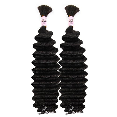 WOWANGEL Human Braiding Hair For Boho Braids 100g,100% Unprocessed Brazilian Virgin Hair, 12A Deep Wave Knotless Bohemian Bundles, Curly Hair Extensions,2 Bundles,Natural Black(1B),24 Inch