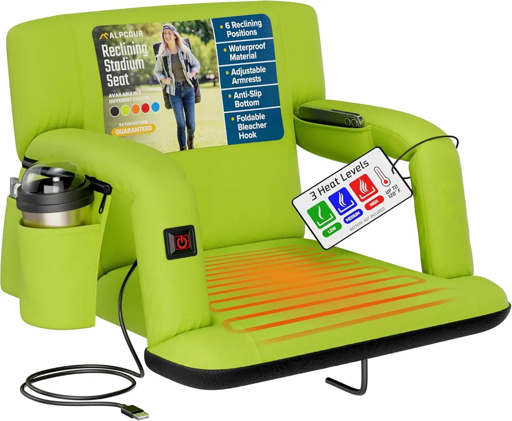 Heated Reclining Stadium Seat with Back Support - Lime 21" Wide