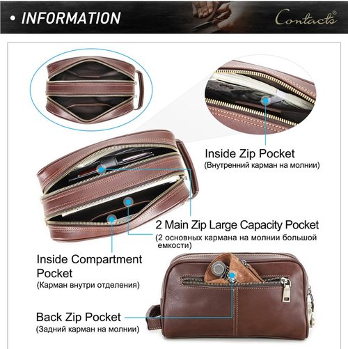 RC ROCKCOW Coded Lock Toiletry Bag, Mens Genuine Leather Travel Shaving Dopp Kit Anti Theft Business Wallet Clutch Purse Bag Organizer