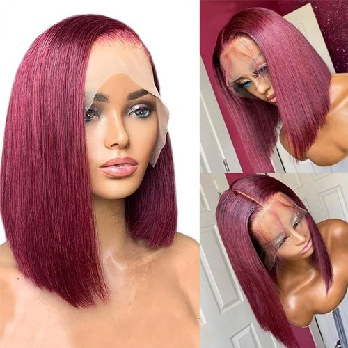 99J Burgundy Lace Front Wigs Human Hair 13x4 HD Lace Frontal Glueless Straight Short Bob Wig Human Hair 180% Density Bob Wigs for Black Women Human Hair Pre Plucked Natural Hairline Wine Red 14 Inch