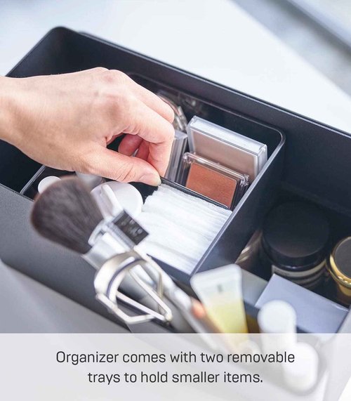 Yamazaki Home Tower Large Makeup Organizer Cosmetic Caddy with Handle Vanity Storage Drawer with Lid - Steel + Wood -, Black