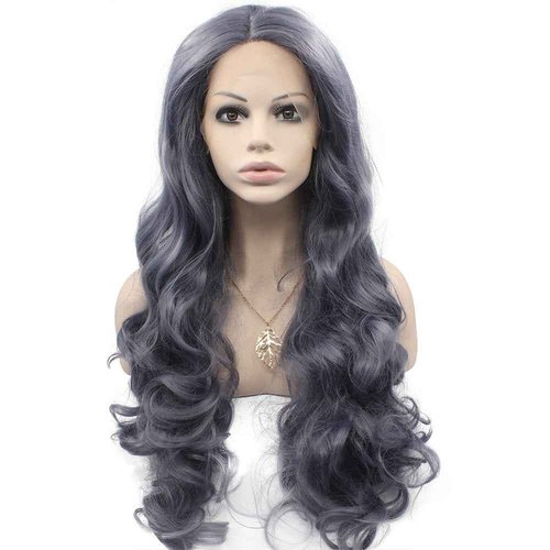 MX angel Long Wavy High Temperature Synthetic Lace Front Dark Grey Wig Natural Half Hand Tied Wavy Wig