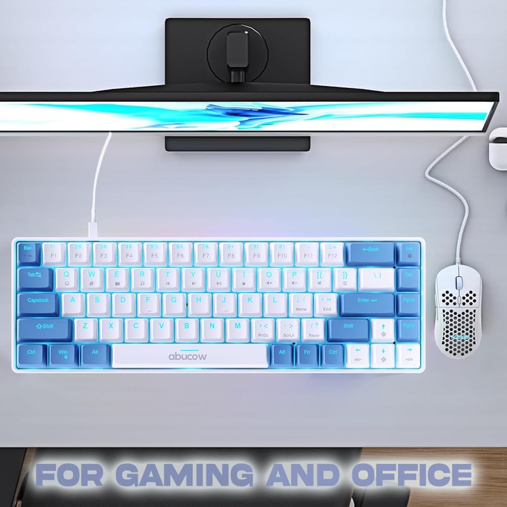 abucow 60% Mechanical Keyboard with Blue Backlight 68-Key Gaming Keyboard Gray-Black Keycaps - Red Switches for a Premium Typing and Gaming Experience PC Mac (Gray-Black)