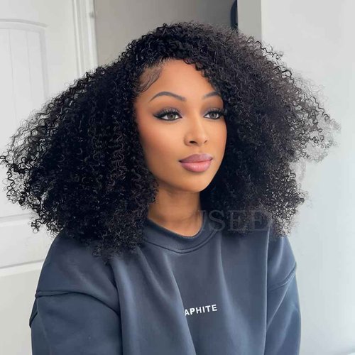 ISEE Half Wig Afro Curly 3 In 1 Glueless Wigs Human Hair Seamless Kinky Curly Flip Over Beginner Friendly Wear & Go Drawstring Band Clip in Wig Human Hair Black Color 14 Inch