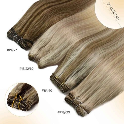 Blonde Highlights Sew in Human Hair Extensions Full Head Weft Extensions 22 Inch 120gram Thick End Sew in Weft Hair Silky Straight Brown with Blonde Highlight Remy Hair Balayage Bundles for Women