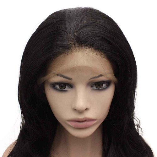 MX angel Long Wavy Lace Wigs Deep Part 13x6 Inch Half Hand Tied Natural Black Synthetic Lace Front Wig
