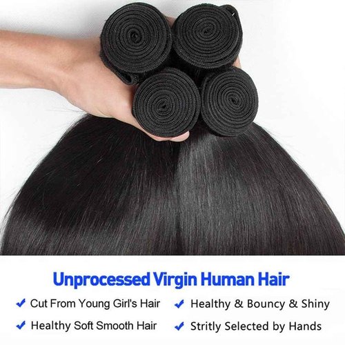 Straight Human Hair Bundles 12 12 14 14 Inch Trippy Hair Quick Weave 3 Bundles Human Hair 100% Unprocessed Raw Brazilian Virgin Hair Extensions for Black Women Natural Color