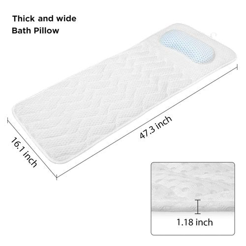 Bathtub Bath Pillows for Tub - Full Body Bath Tub Pillow Headrest with Ergonomic TPE, Bathtub Pillow Full Body for Neck & Back Support, Upgraded Bath Pillow with Strong Suction Cups & Hook, White