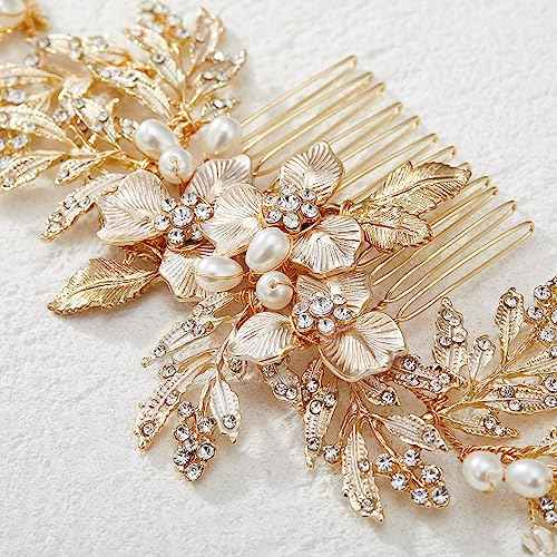 SWEETV Handmade Wedding Hair Comb Clip Rhinestone Bridal Hair Comb Piece, Gold Hair Accessories for Brides Wedding