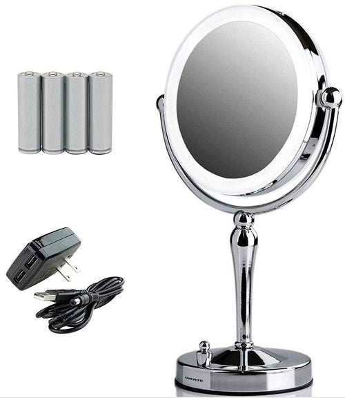Ovente Lighted Makeup Mirror Tabletop 7.5'' 360 Degree Double Sided Spinning 1X 10X Round Magnifier, LED with Dimmer Switch, Acrylic Edge, Battery & USB Adapter Operated, Polished Chrome MKT75CH1X10X
