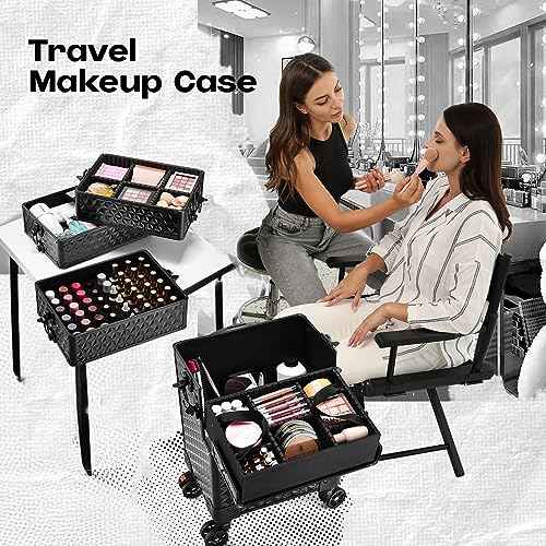 5 in 1 Makeup Train Case, Cosmetology Case on Wheels Travel Make up Case Rolling Nail Cart Makeup Organizer Cosmetic Storage Box Cases Extra Large Trolley Truck with 360¡Æ Swivel Wheels, Black