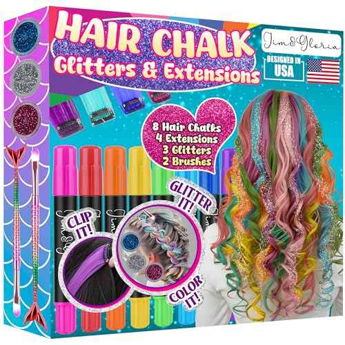 Jim&Gloria Dustless Hair Chalk for Girls Washable with Clip in Hair Extensions, Brushes and Glitters, Kids Temporary Color Dye, Gifts for Teen Girl Trendy Stuff, Teenage 7 8 9 10 11 12 13 14 Year Old