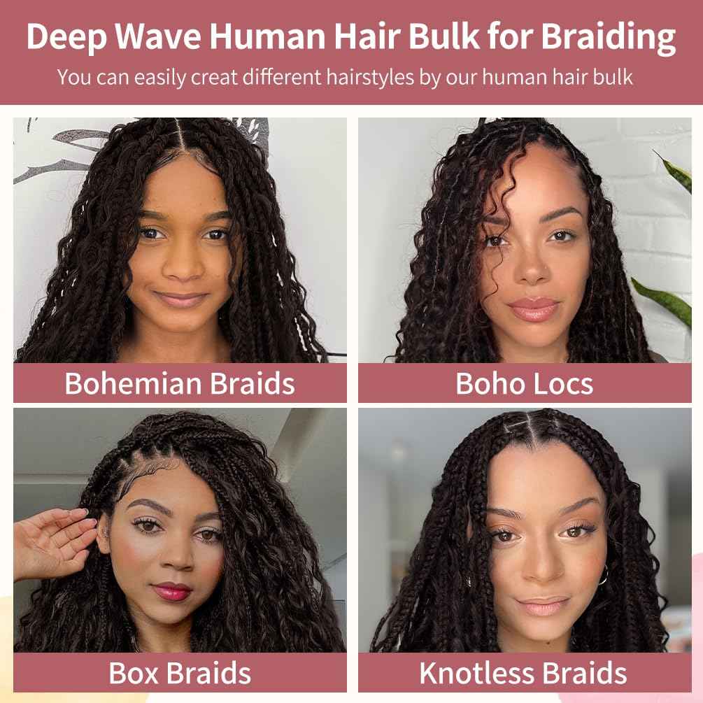 2 Bundle Human Braiding Hair for Boho Braids, 20Inch 100G #2 10A Brazilian Virgin Deep Wave Bulk Human Hair for Braiding, Wet And Wavy No Weft Curly Braiding Hair for Boho Knotless Braids