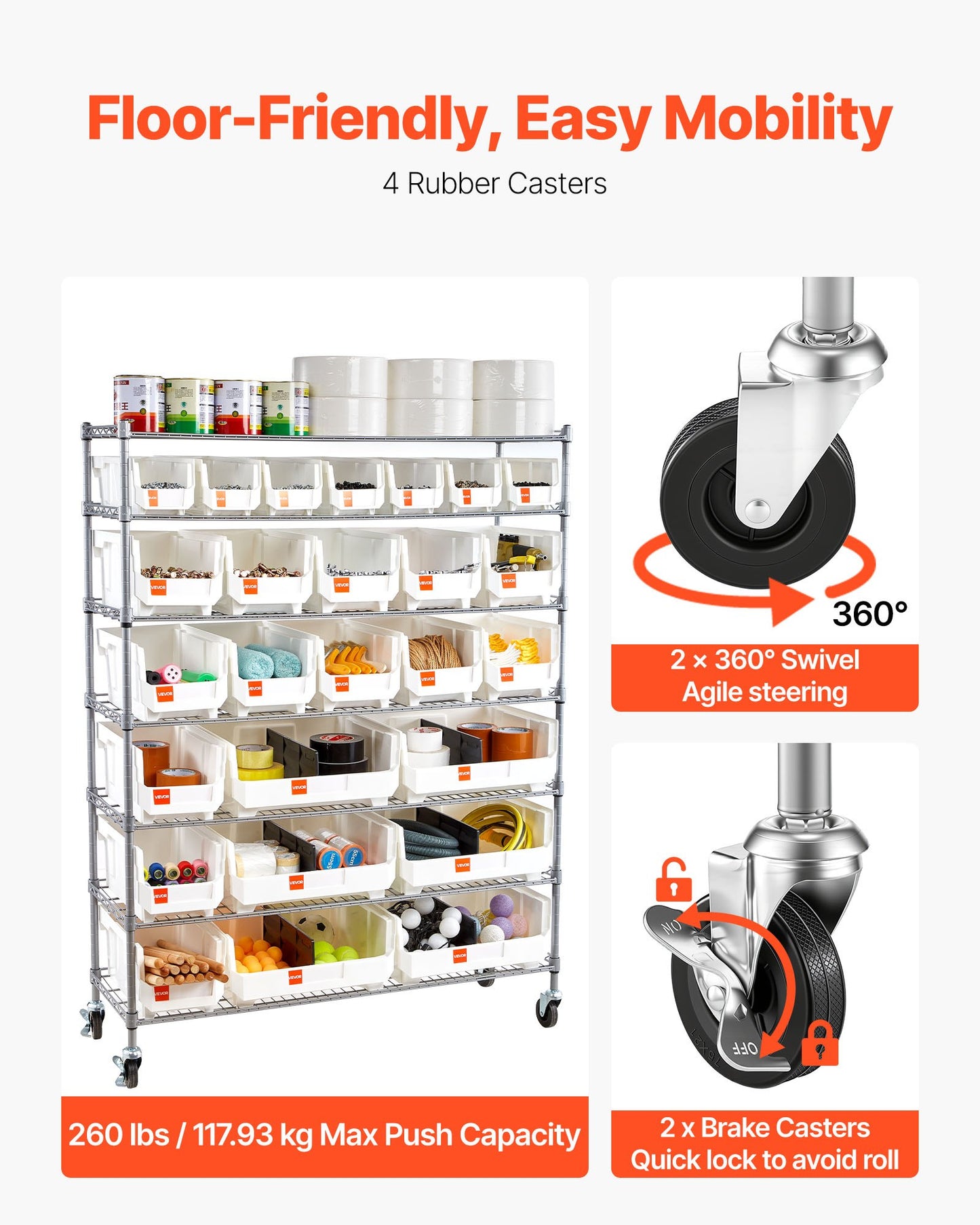 7-Tier Rolling Storage Rack with 26 Bins - Mobile Steel Wire Shelving System for Garage and Warehouse